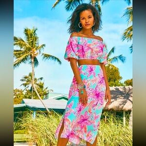 228.00 NWT Lilly Pulitzer Esmeray Midi Set Puff Sleeve Surf Blue Bonita Bloom